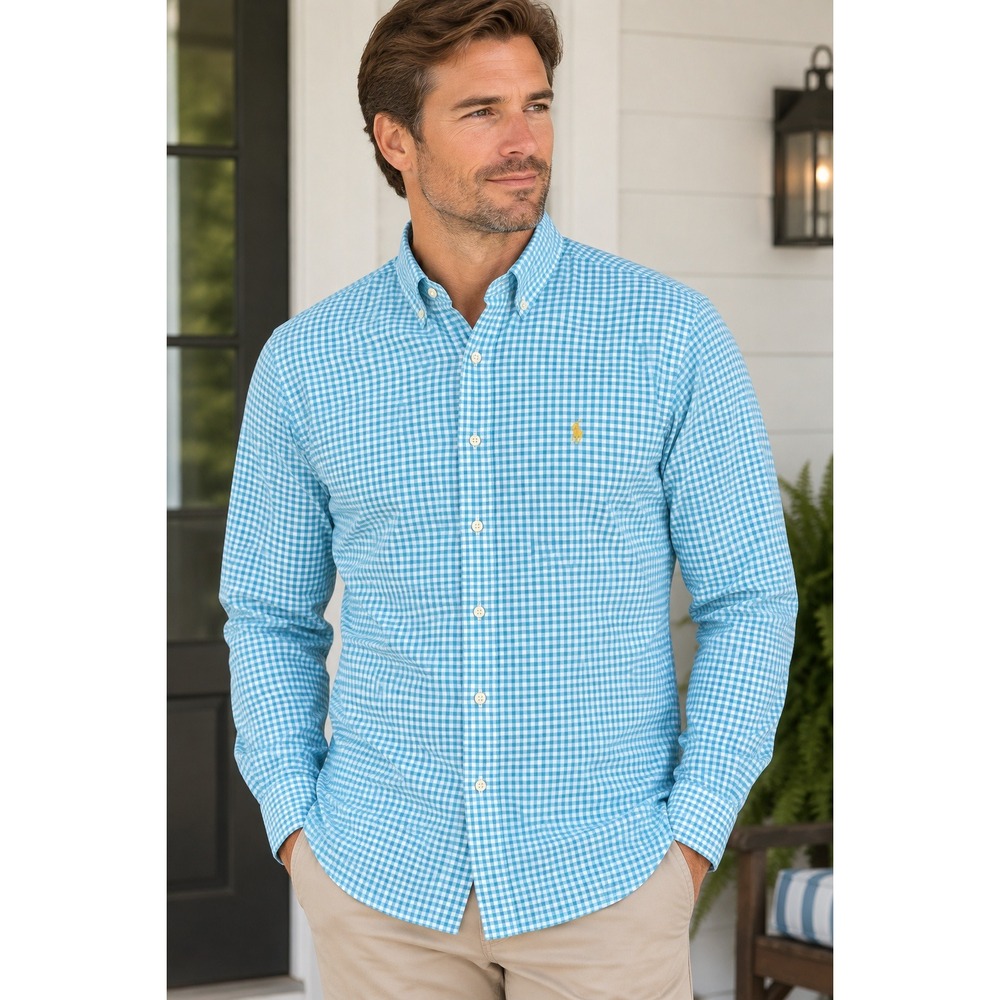 Ralph Lauren Mens XL Blue Gingham Cotton Button Down Shirt Yellow Pony Logo